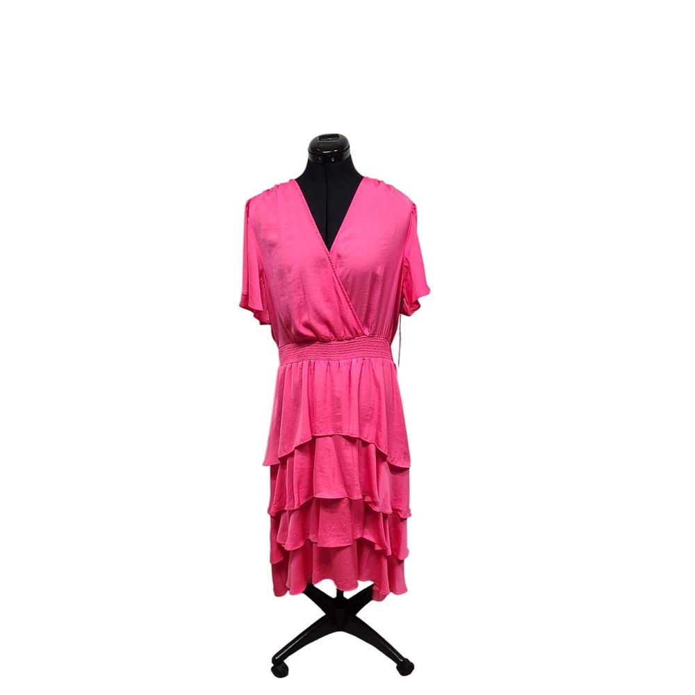 Vince Camuto Hot Pink Ruffle Tiered V‎ Neck Midi Dress Women's Size XS/L